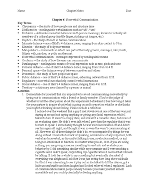 Chapter 6 Nonverbal Comm Name Chapter Notes Due Chapter 6 Nonverbal Communication Key Terms Studocu