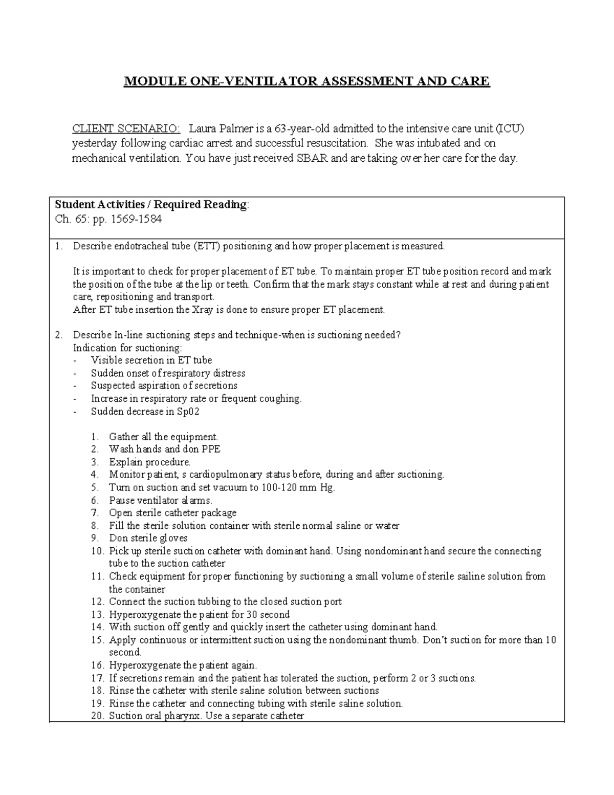 Vent - Student Worksheet 1 - Module One-ventilator Assessment And Care 