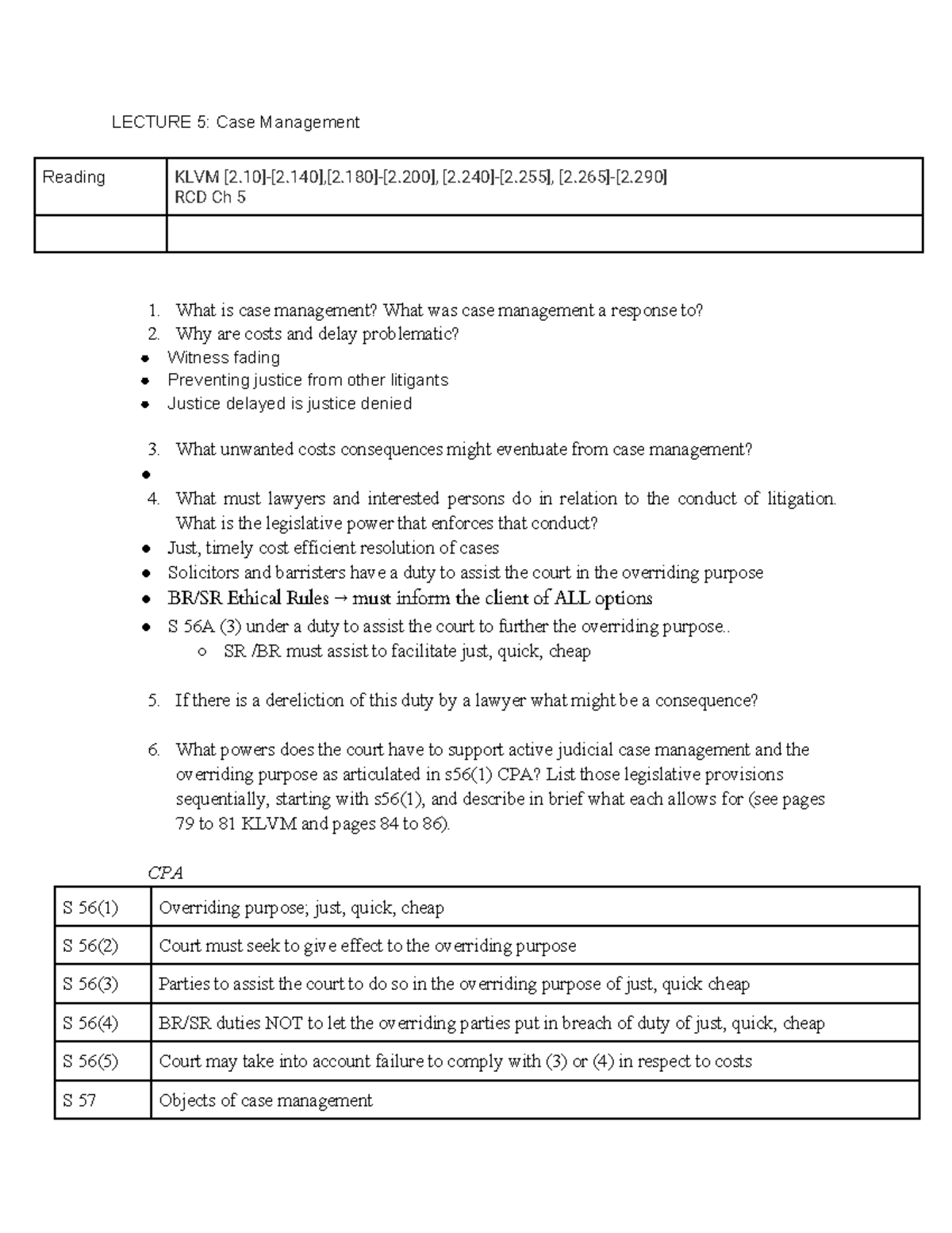 Lecture 5 Case Management - LECTURE 5: Case Management Reading KLVM [2 ...