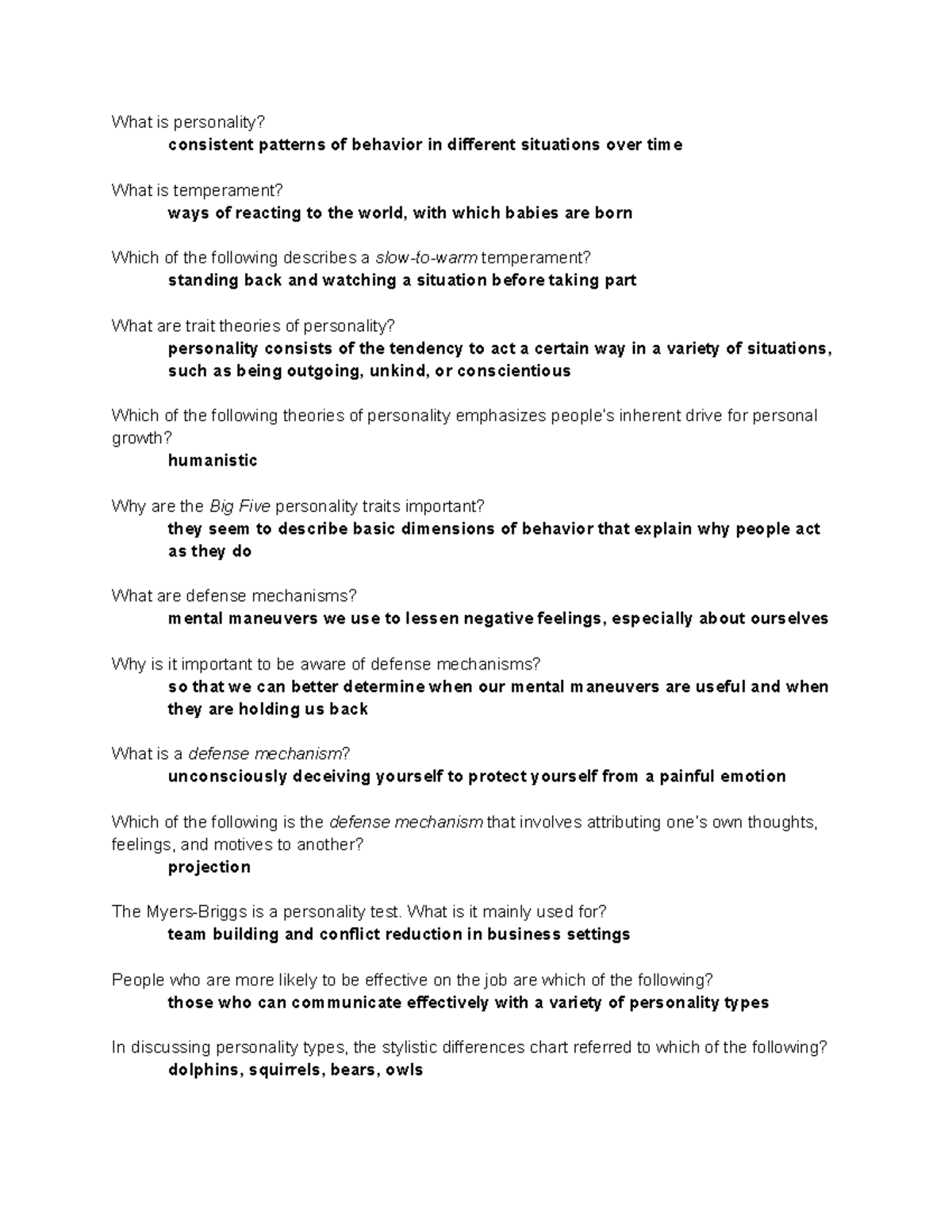 Personal Adjustment Chapter 3 Quiz Study Guide What is personality