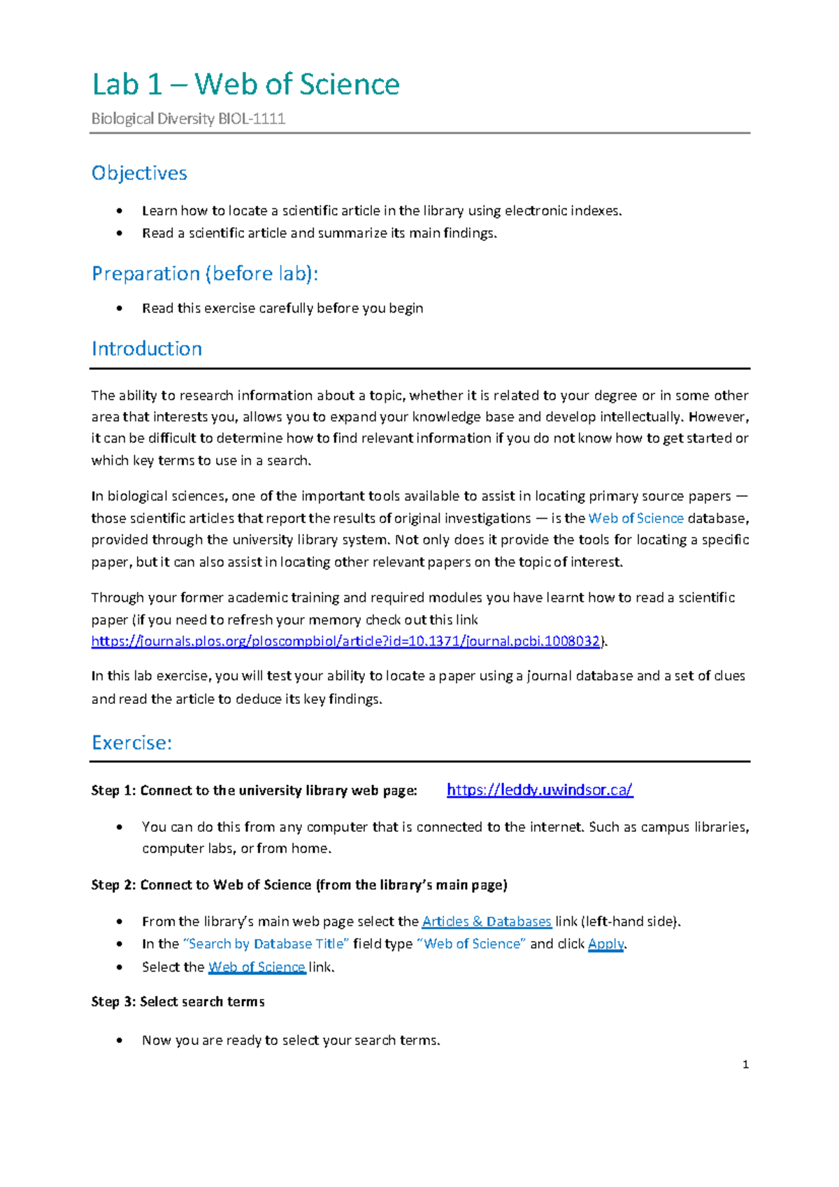 Lab 1 with solutions - Lab 1 – Web of Science Biolo gical Diversity ...