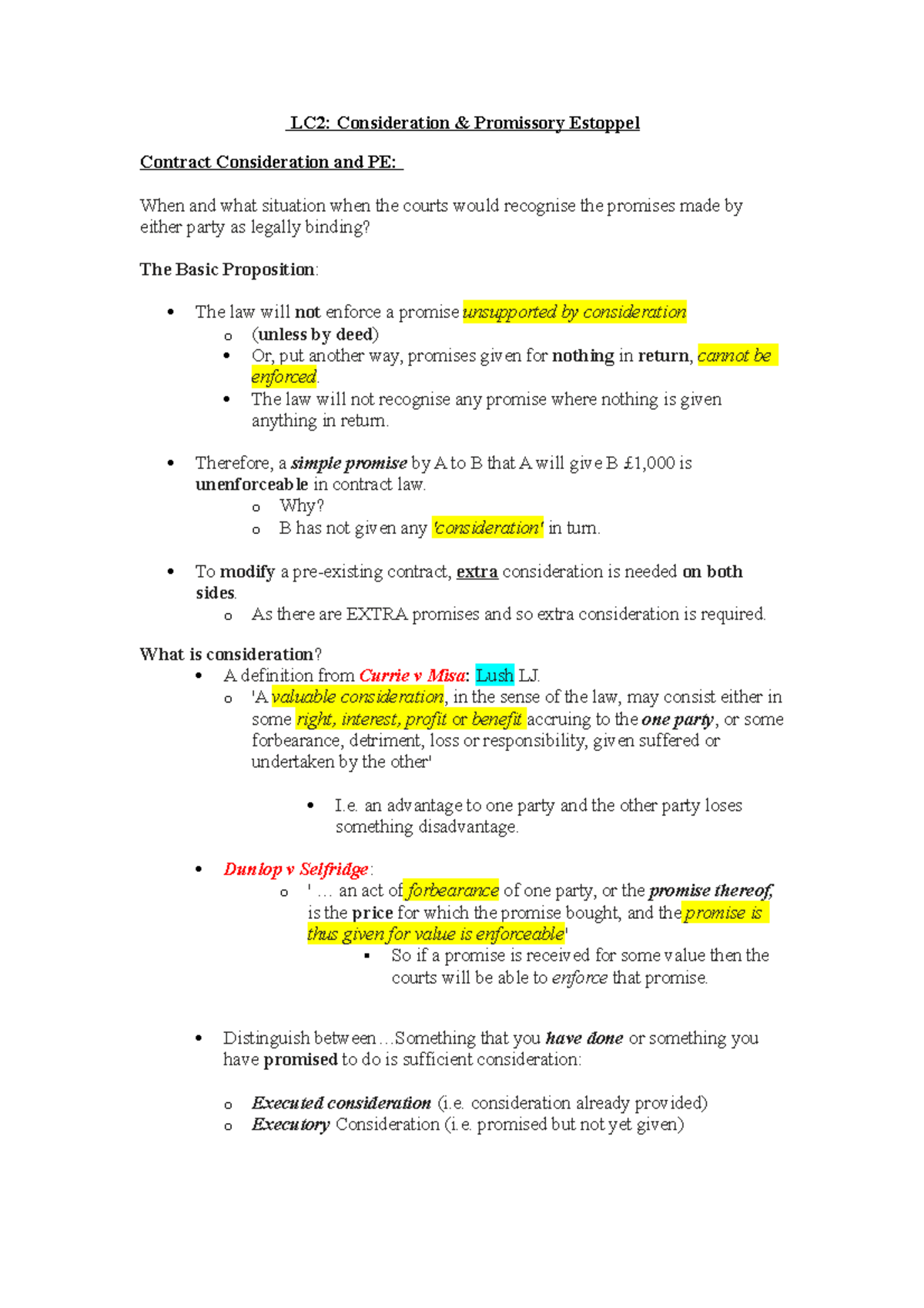 Consideration And Promissory Estoppel - LC2: Consideration & Promissory ...