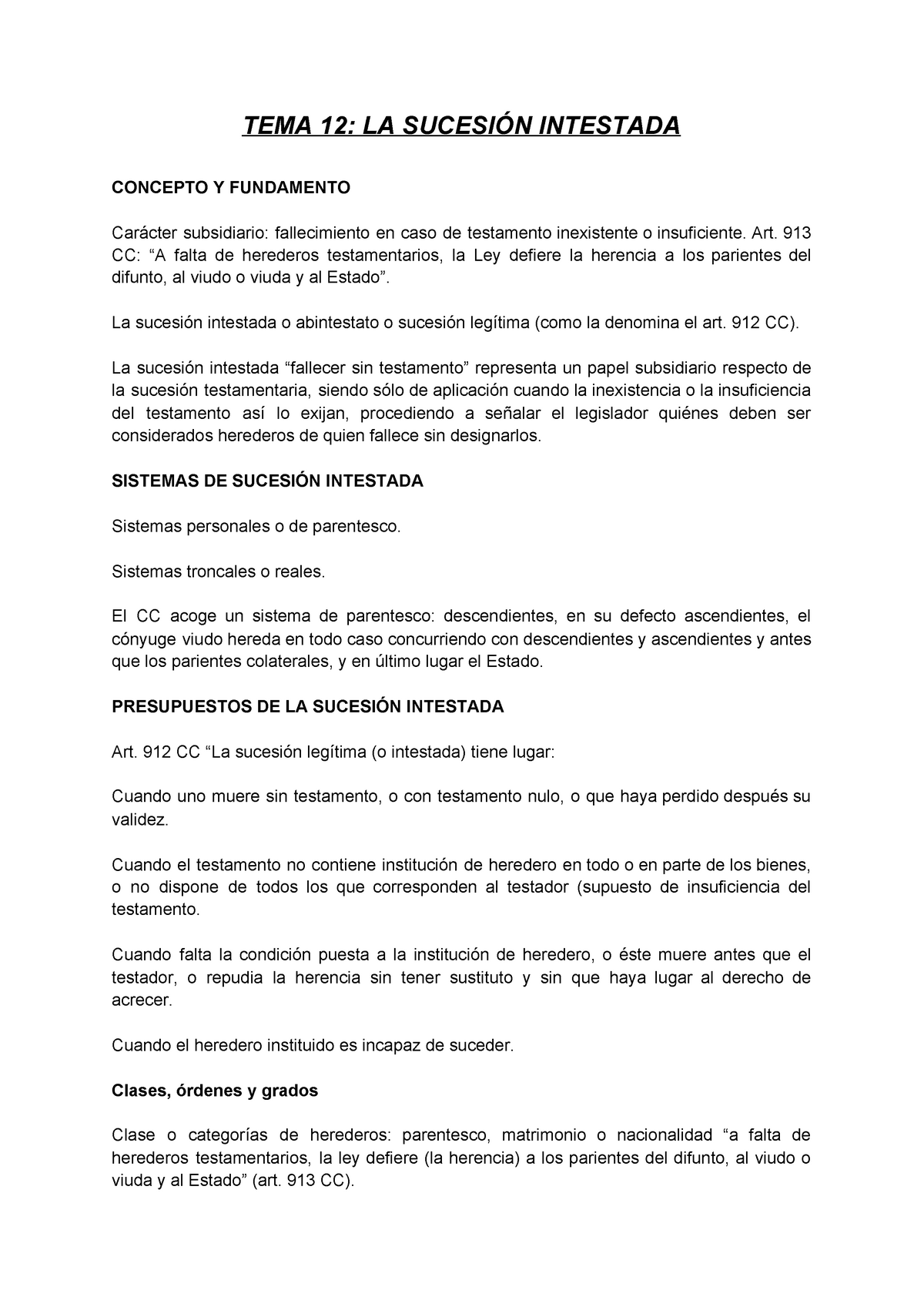 Tema 12 La Sucesión Intestada Tema 12 La SucesiÓn Intestada Concepto Y Fundamento Carácter 