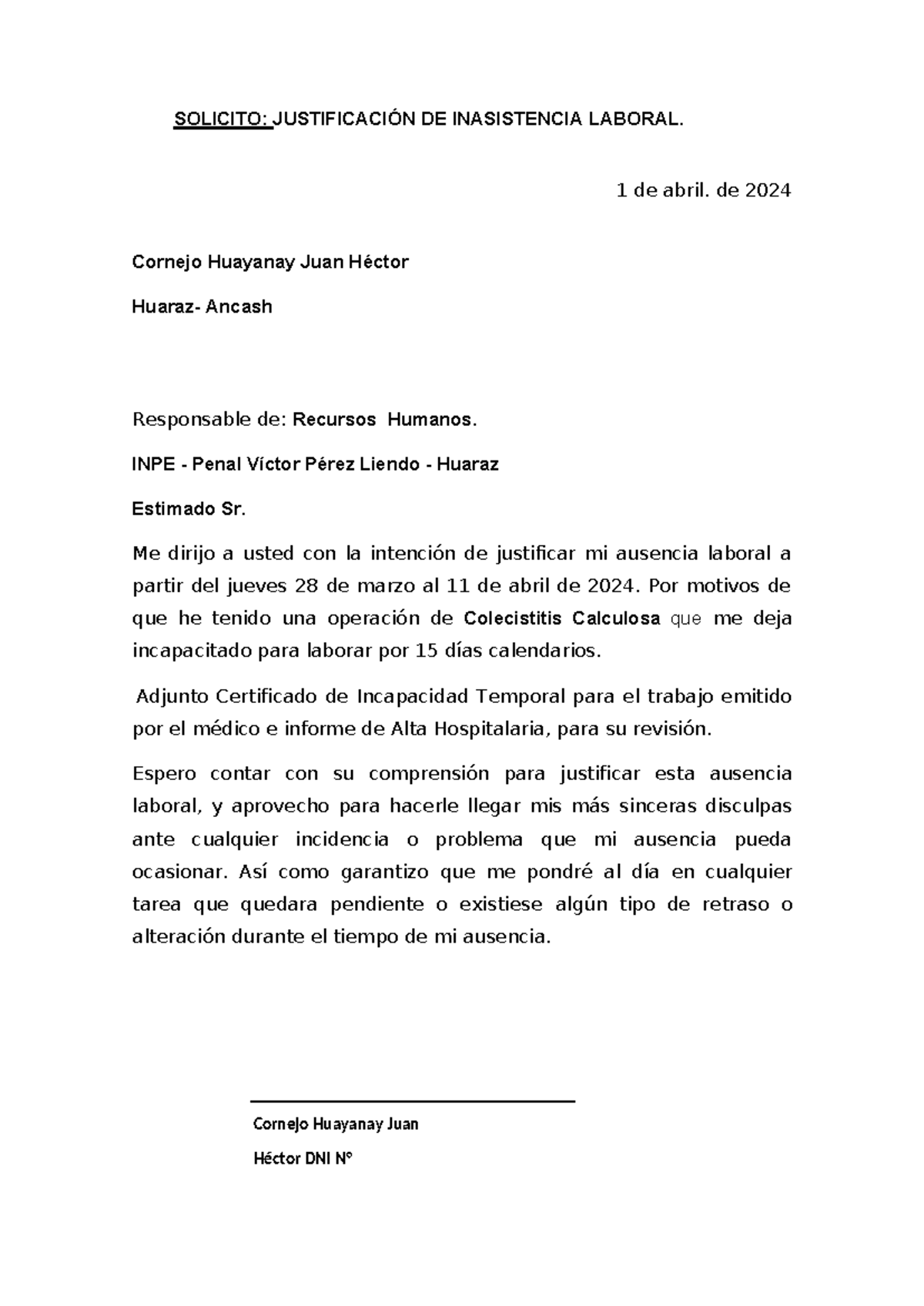 Carta De Justificación De Ausencia Laboral Solicito JustificaciÓn De