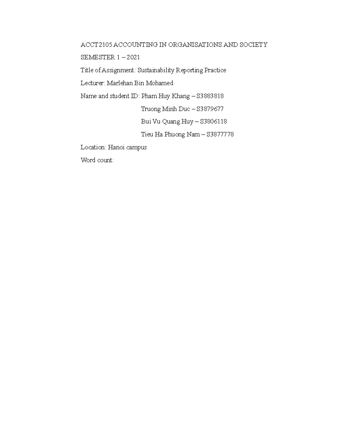 Accounting ASM 1 - ASM 1 - ACCT2105 ACCOUNTING IN ORGANISATIONS AND