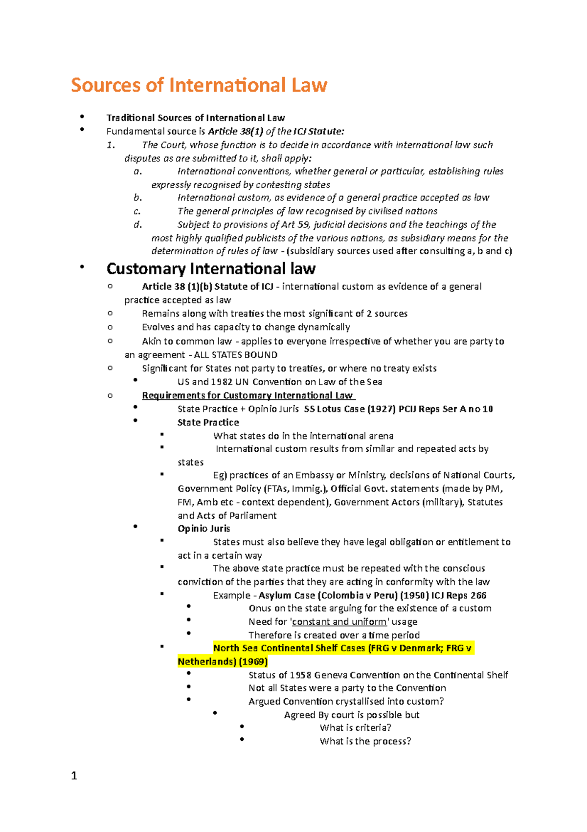 Finalnotes - lecture notes - Sources of Internaional Law Tradiional ...