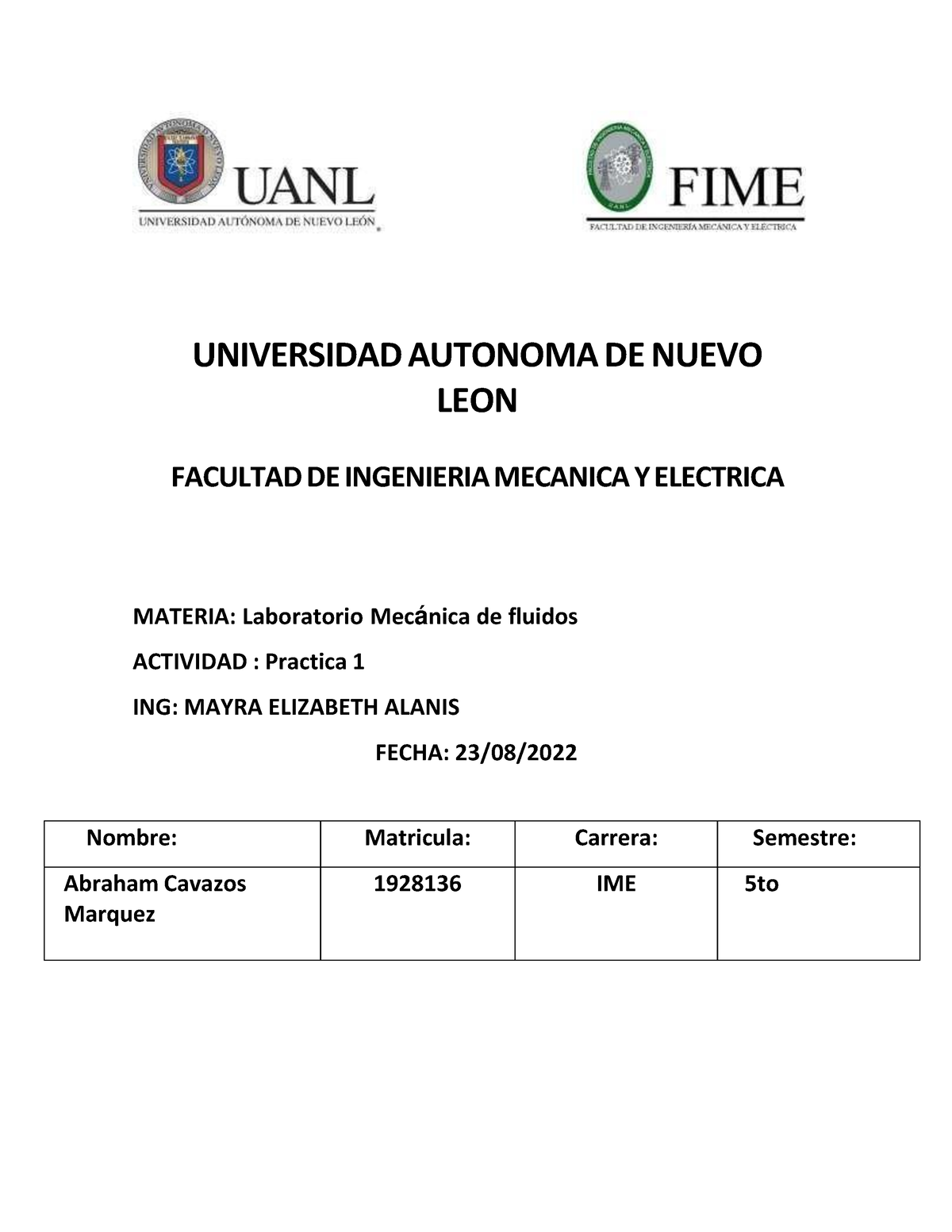 Lab Mecanica De Fluidos Practica 1 - UNIVERSIDAD AUTONOMA DE NUEVO LEON ...