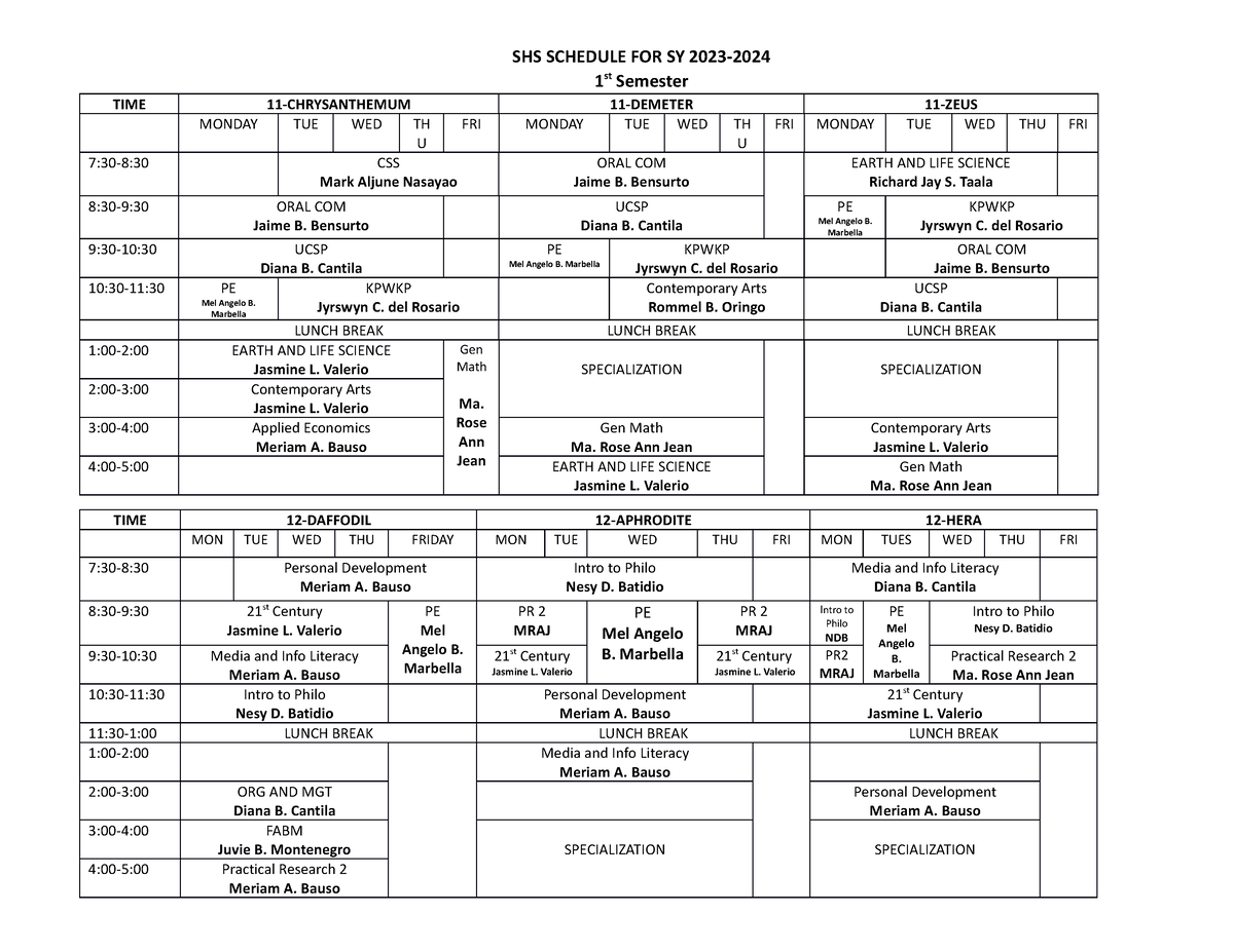 1ST Semester Schedule - SHS SCHEDULE FOR SY 2023- 1 st Semester TIME 11 ...