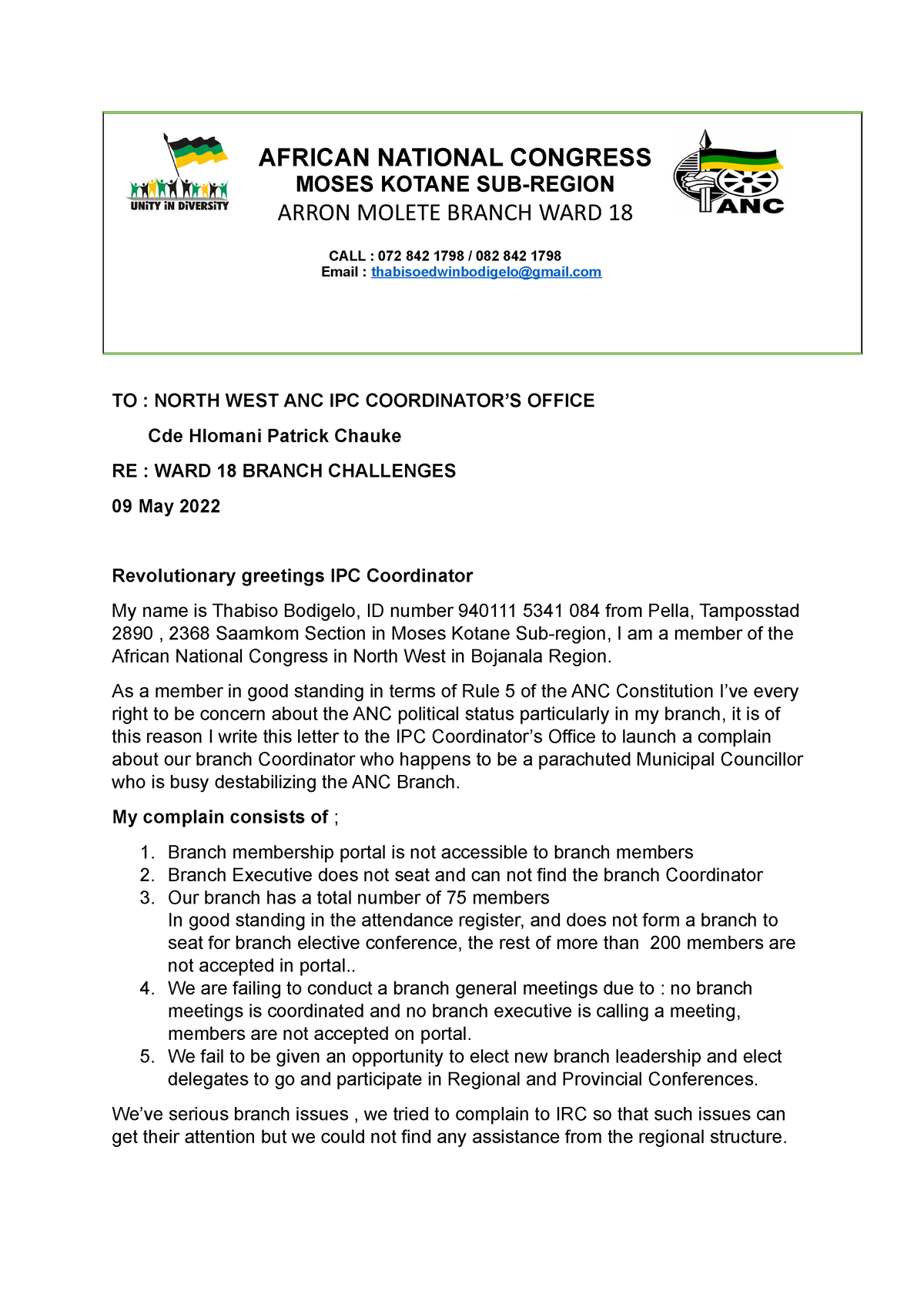 Letter to IPC Coordinator 09 May 2022 - AFRICAN NATIONAL CONGRESS MOSES ...