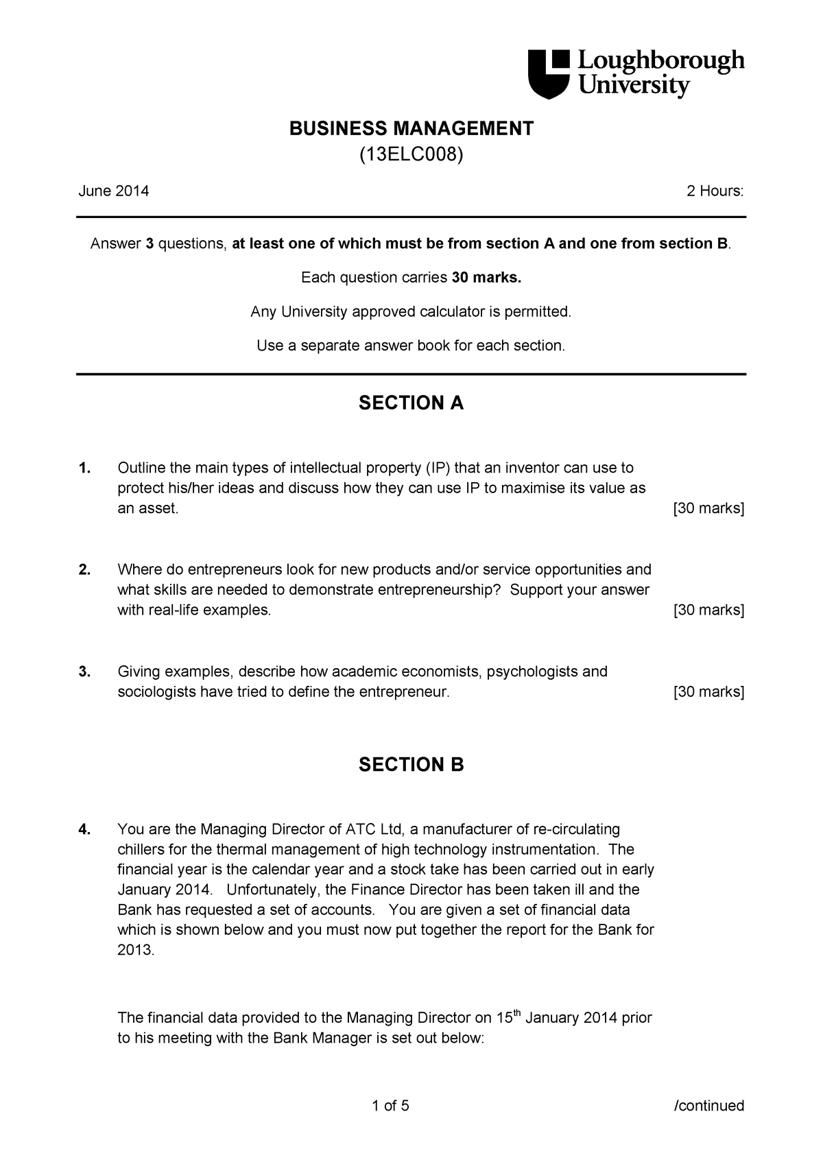 Business Management Exam Questions BUSINESS MANAGEMENT (13ELC008