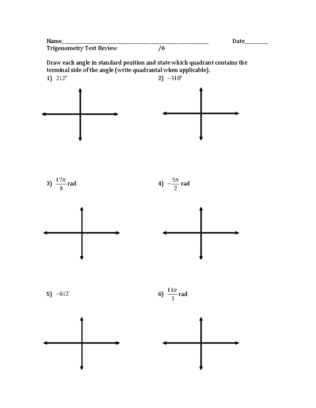Trigonometry Test Review Name Trigonometry Test Review Name