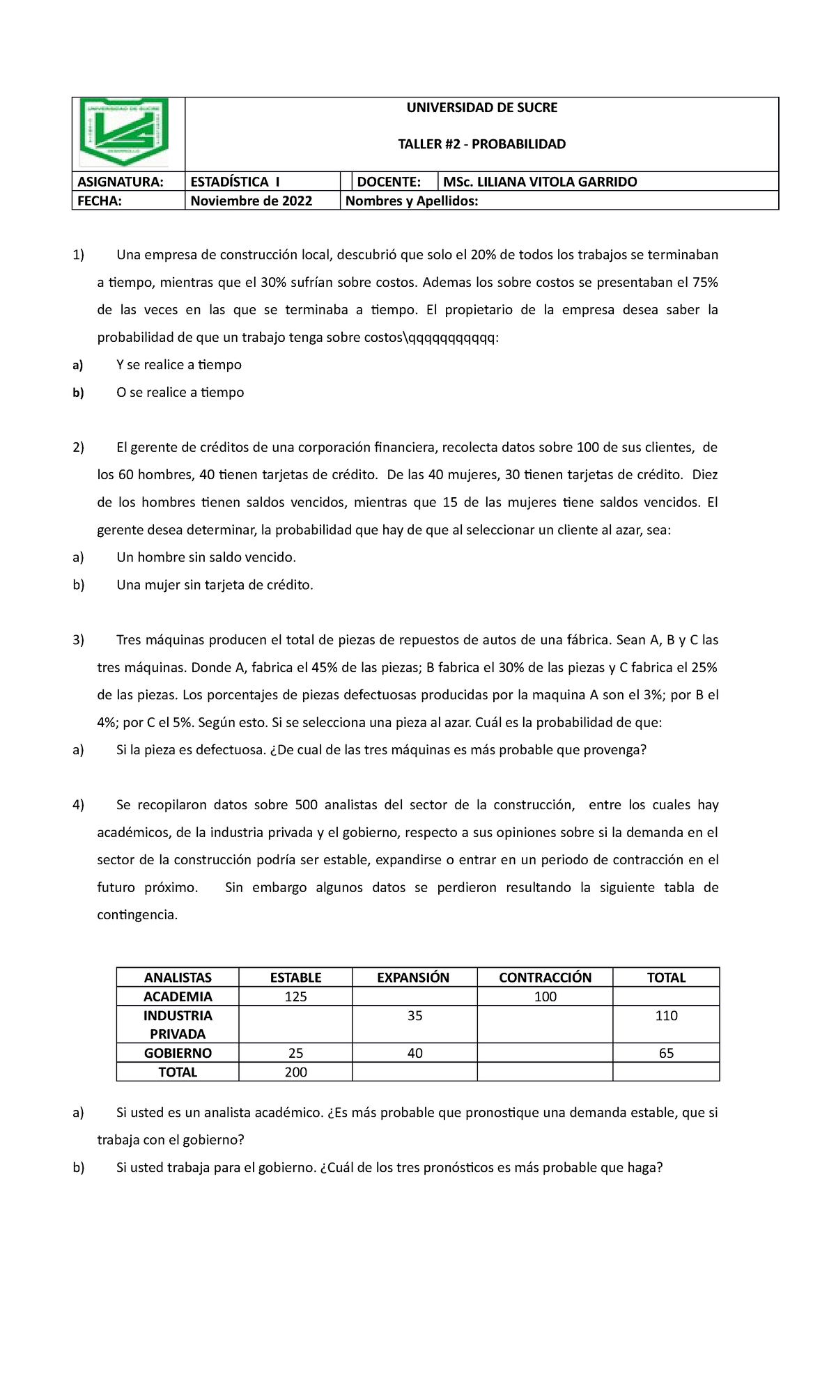 Taller #2 Probabilidad - UNIVERSIDAD DE SUCRE TALLER #2 - PROBABILIDAD ...