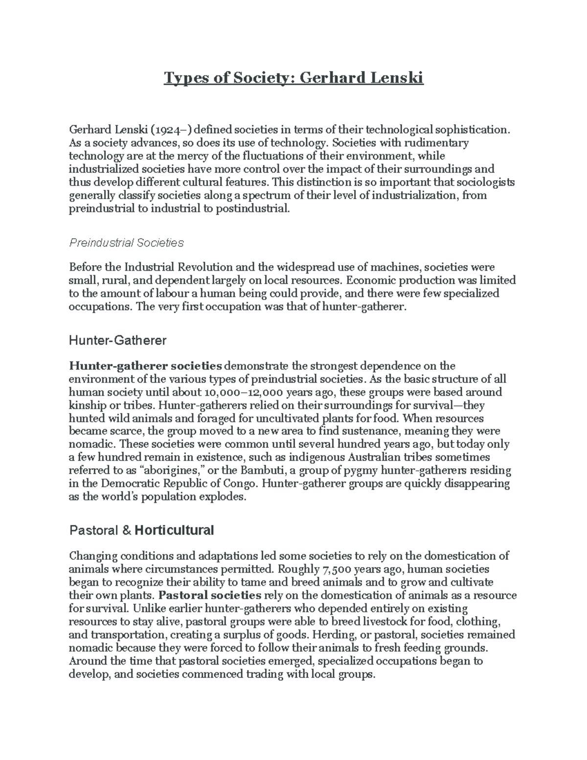 Types of Society by Gerhard Lenski Types of Society Gerhard Lenski Gerhard Lenski (1924