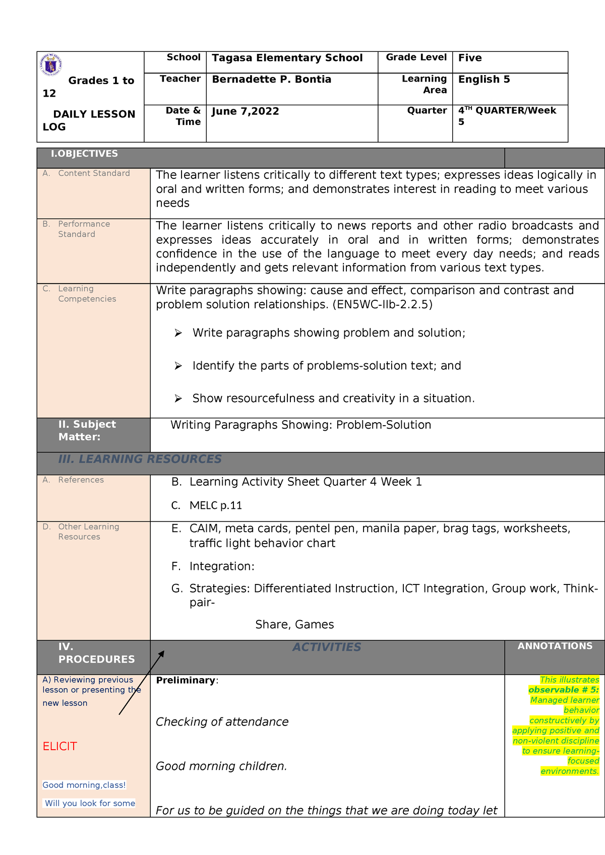 Cot english 5 4th qtr - Thanks - Grades 1 to 12 DAILY LESSON LOG School ...