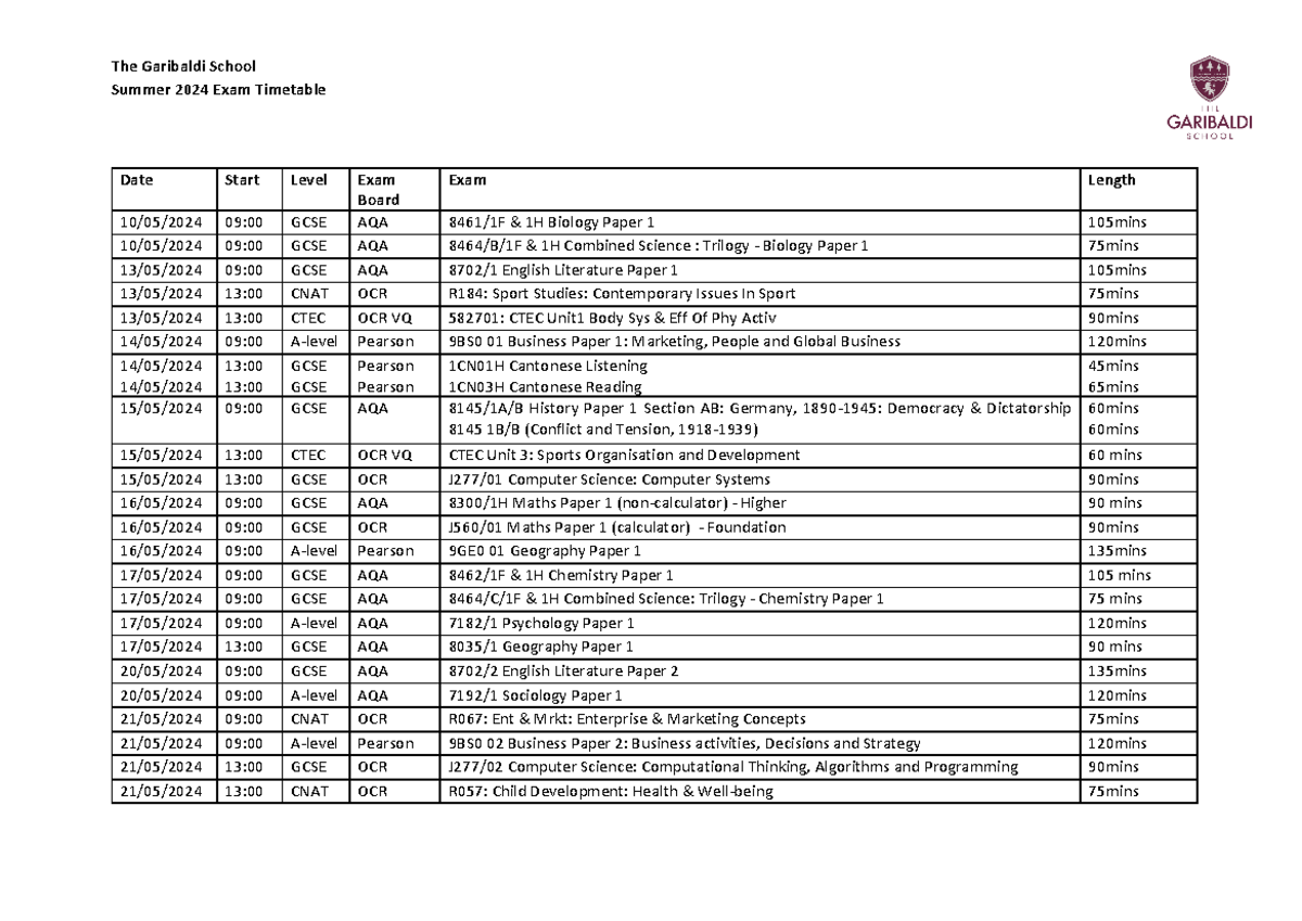 TGS Summer 24 Necessities Summer 2024 Exam Timetable Date Start Level