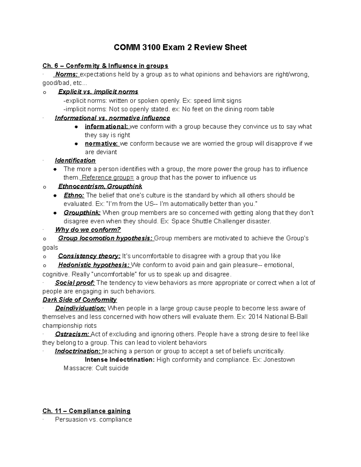 COMM 3100 EXAM 2 - EXAM 2 Study Guide - COMM 3100 Exam 2 Review Sheet ...