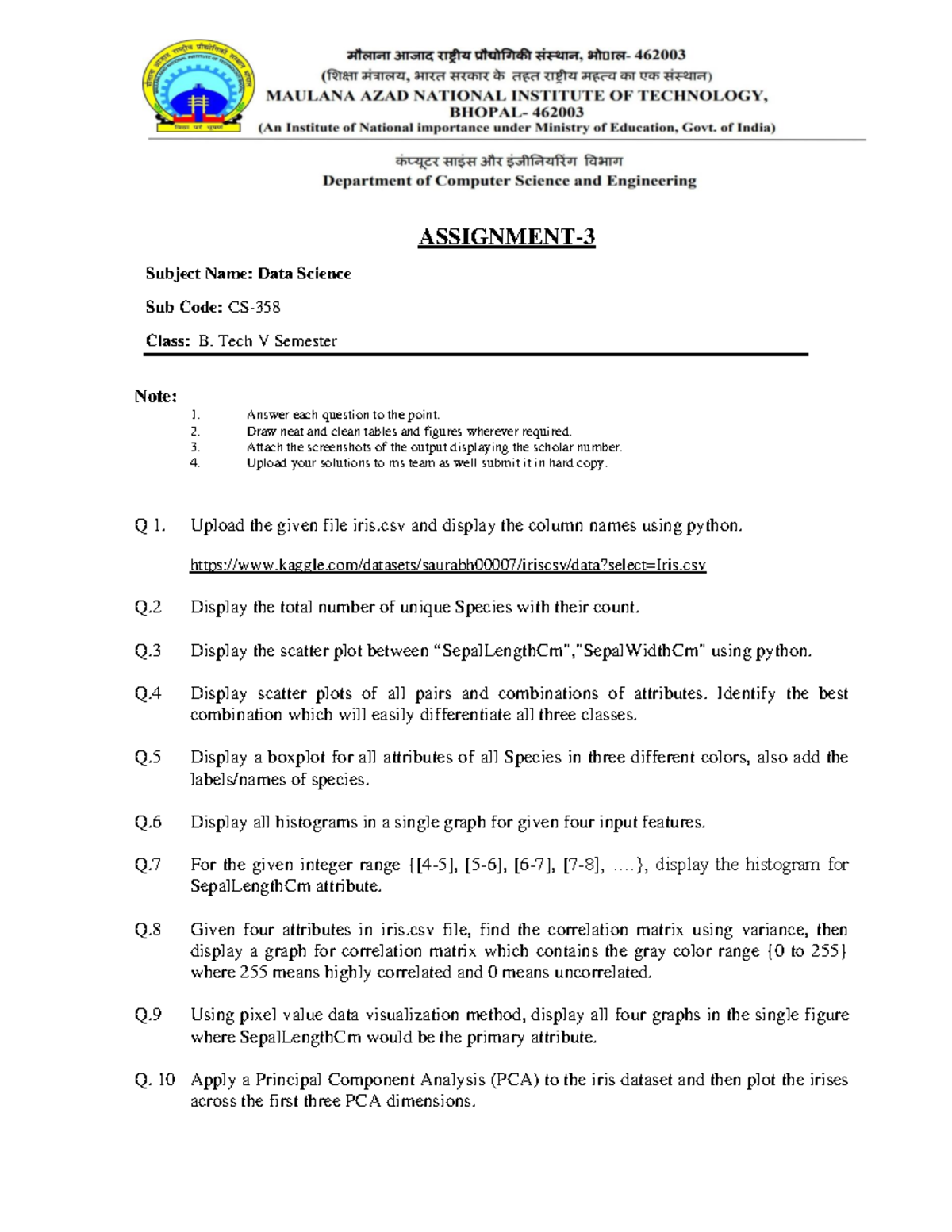 Assignment-3-1 - Btech - ASSIGNMENT- 3 Subject Name: Data Science Sub ...