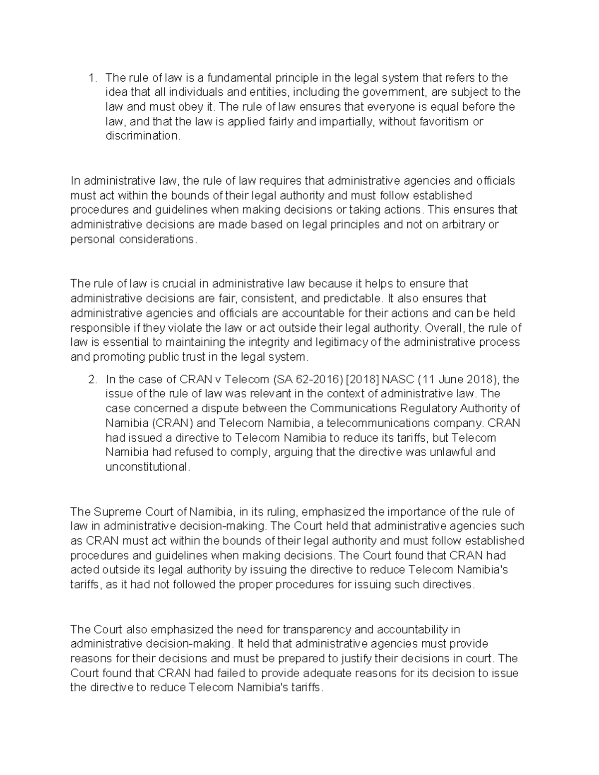 Admin LAW class preparatory notes - The rule of law is a fundamental ...