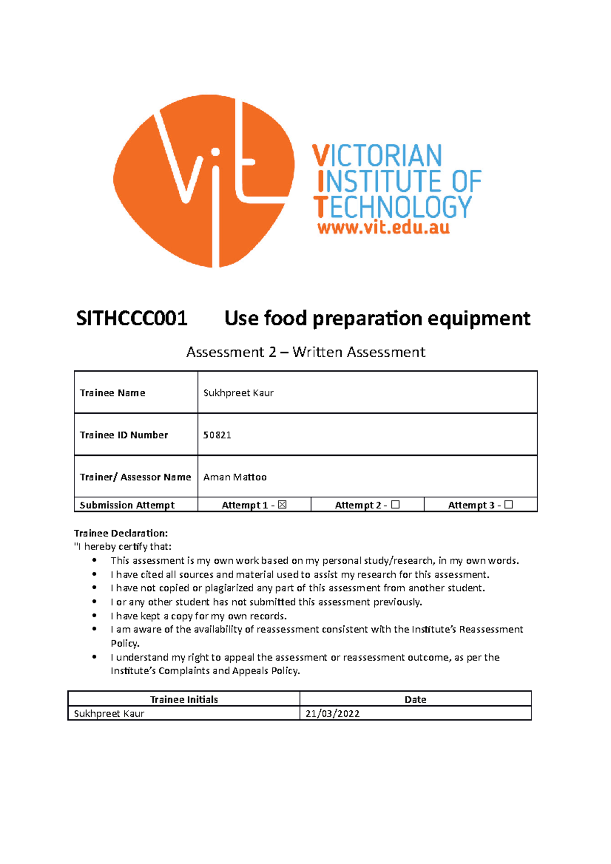 Sithccc 001 Written Assessment SITHCCC001 Use food preparation equipment Assessment 2