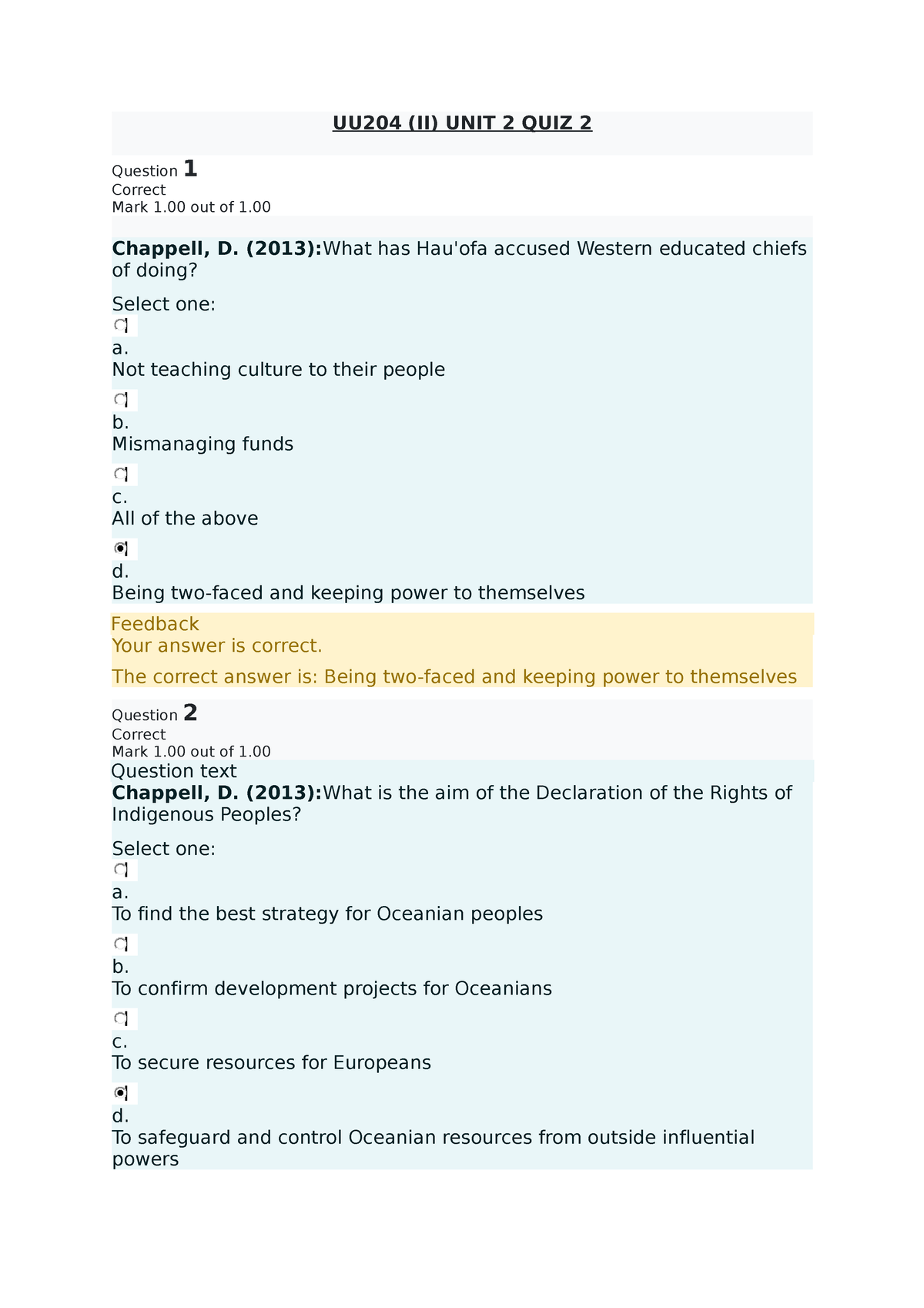 UU204 (II) UNIT 2 QUIZ 2 - UU204 (II) UNIT 2 QUIZ 2 Question 1 Correct ...