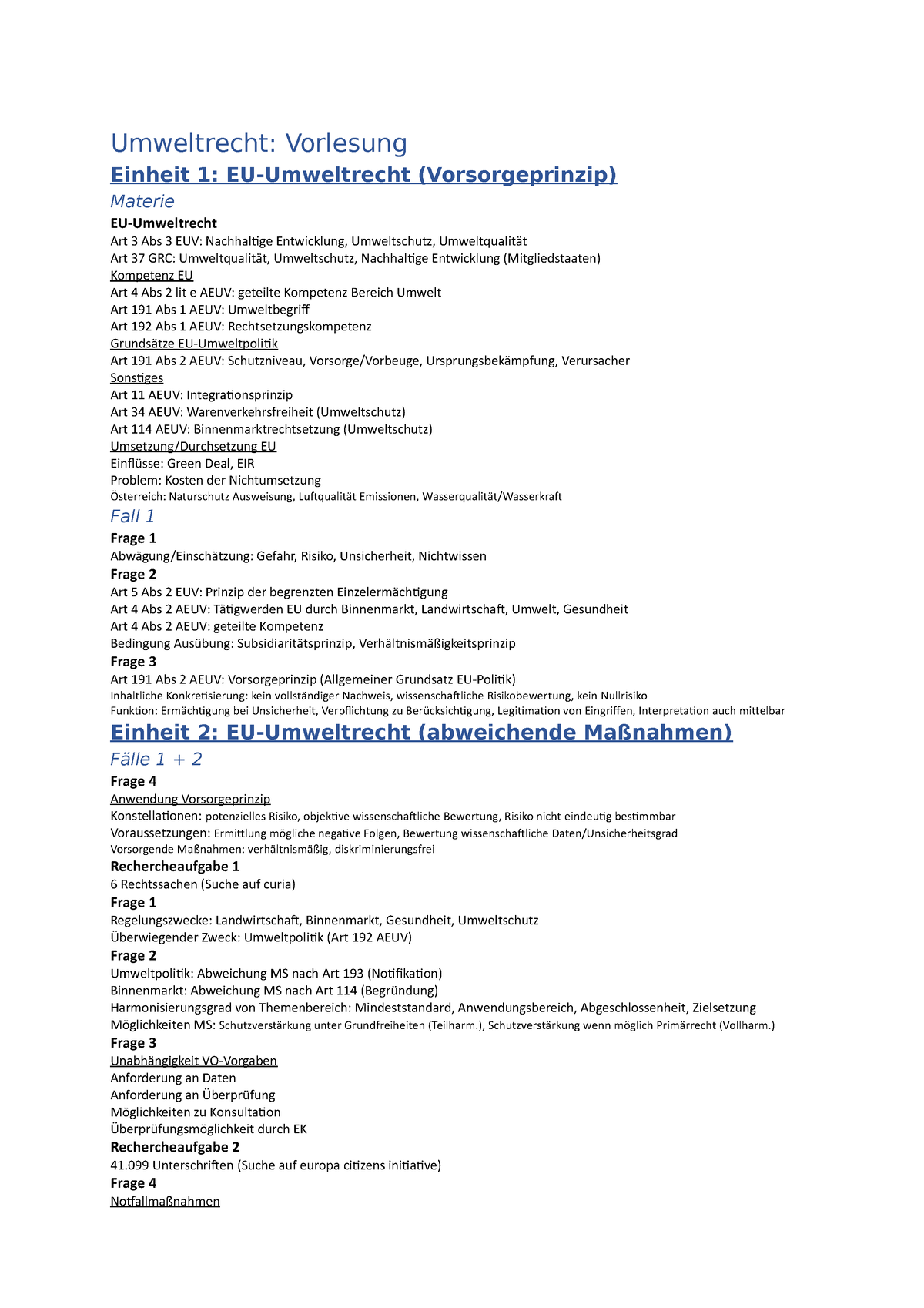 Umweltrecht Vorlesung - Umweltrecht: Vorlesung Einheit 1: EU ...