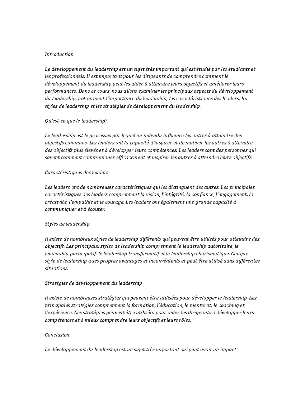 Leadership Development Study Notes - Introduction Le développement du ...