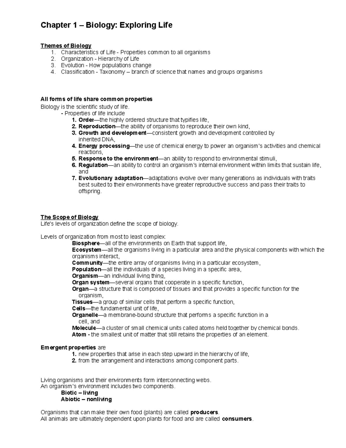 Chapter 1 Biology Notes - Chapter 1 – Biology: Exploring Life Themes of ...