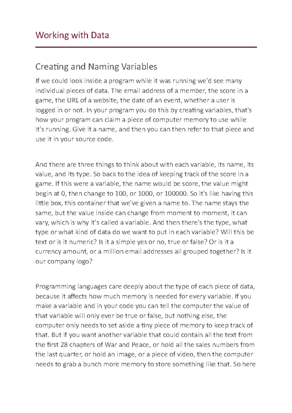 Working with Data - Working with Data Creating and Naming Variables If ...
