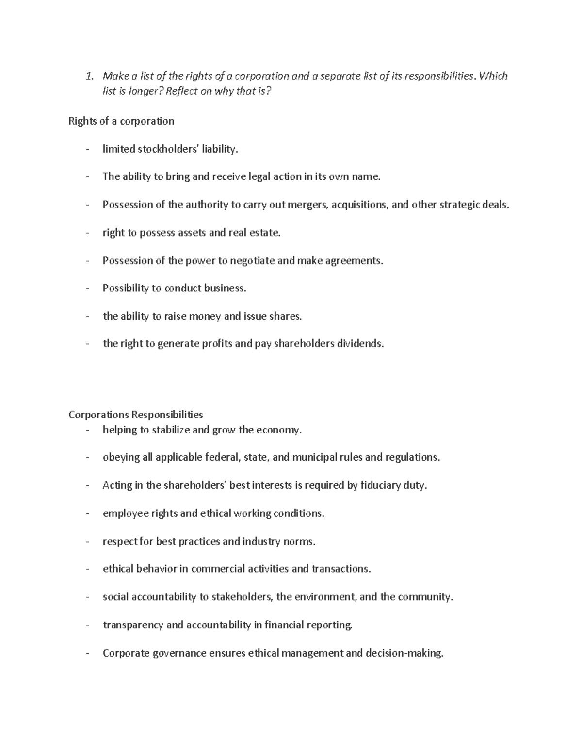 Week 2 Learning reflection - Make a list of the rights of a corporation ...