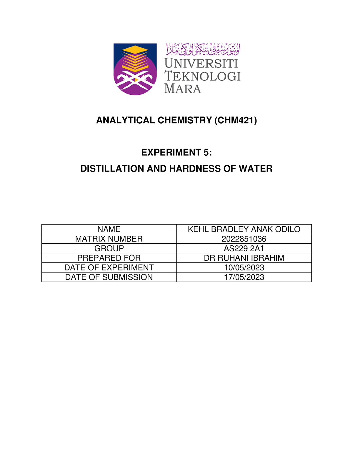 lab report experiment 5 chm421