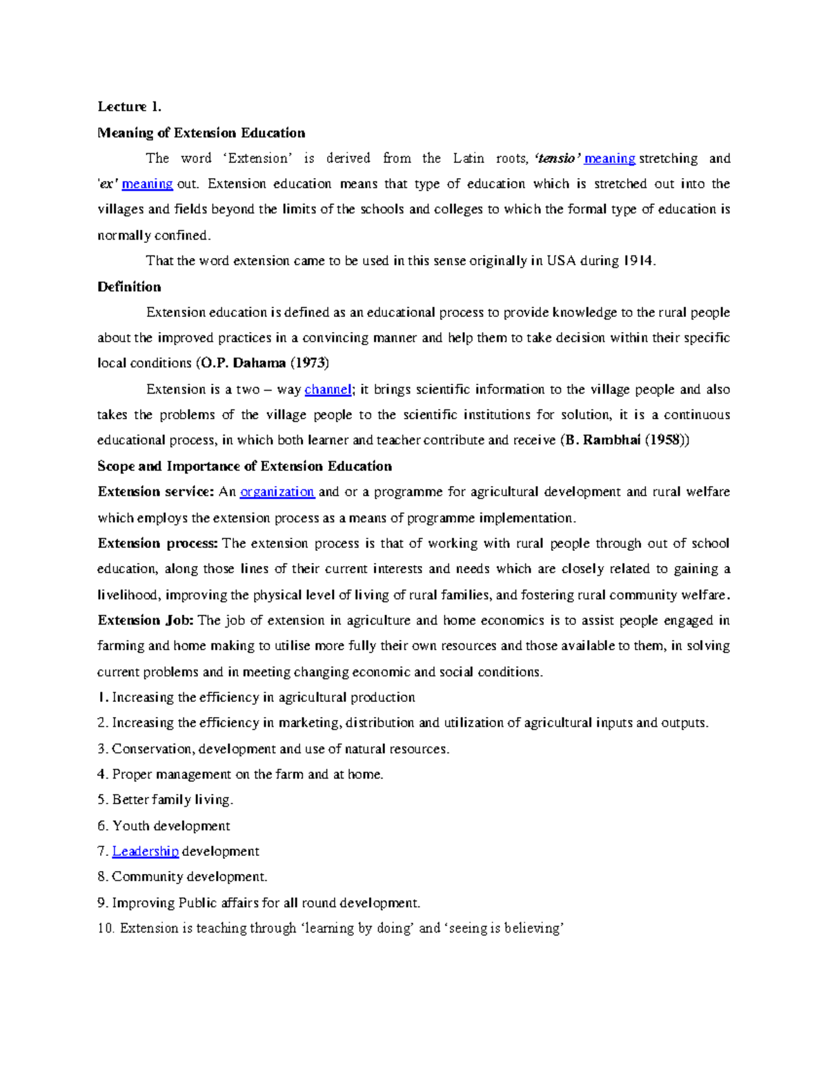 Agri II Sem Introduction to Agriculture Extension Lecture 1. Meaning