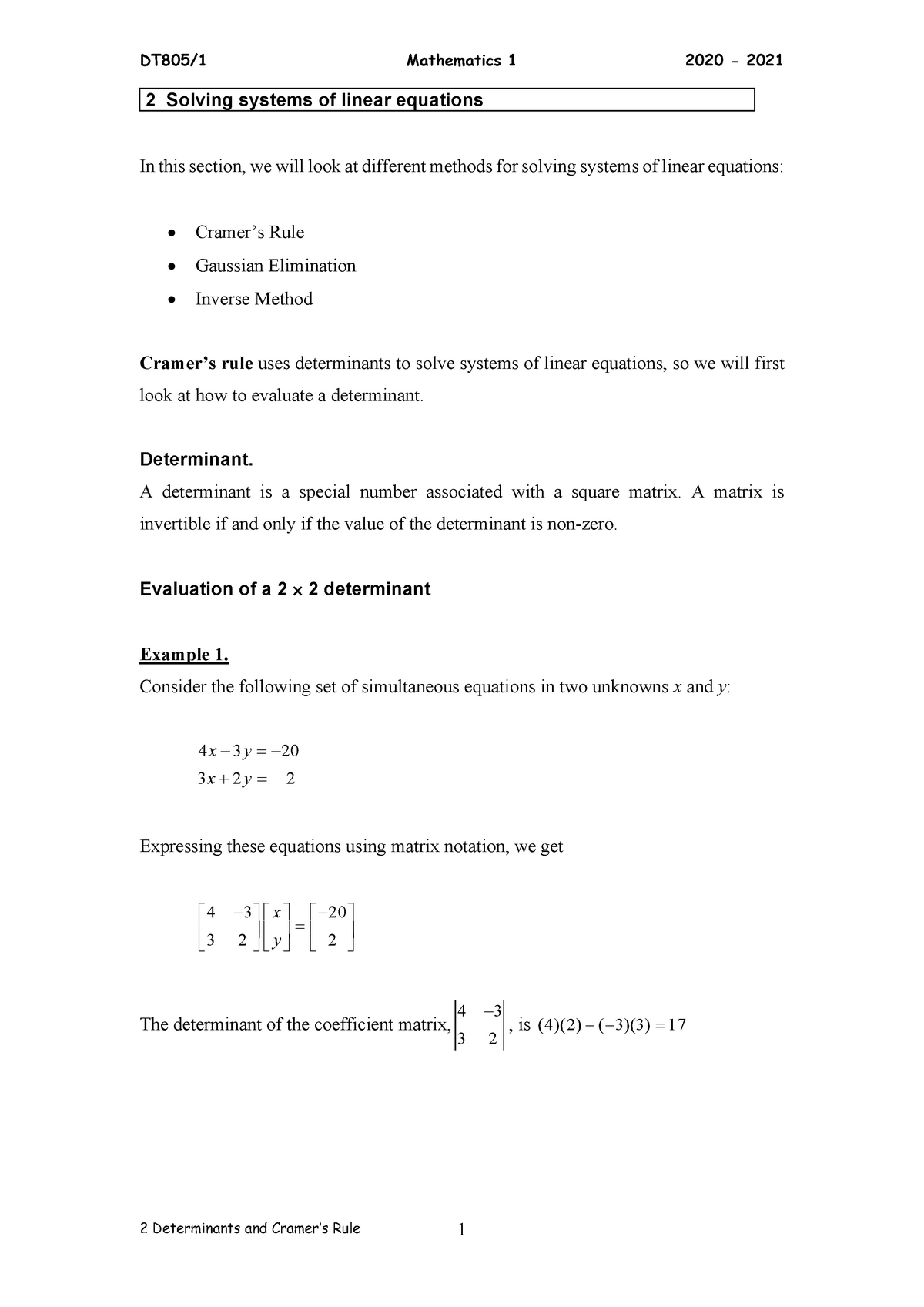 2 Determinants And Cramers Rule Cramers Rule Uses Determinants To Solve Systems Of Linear 6620