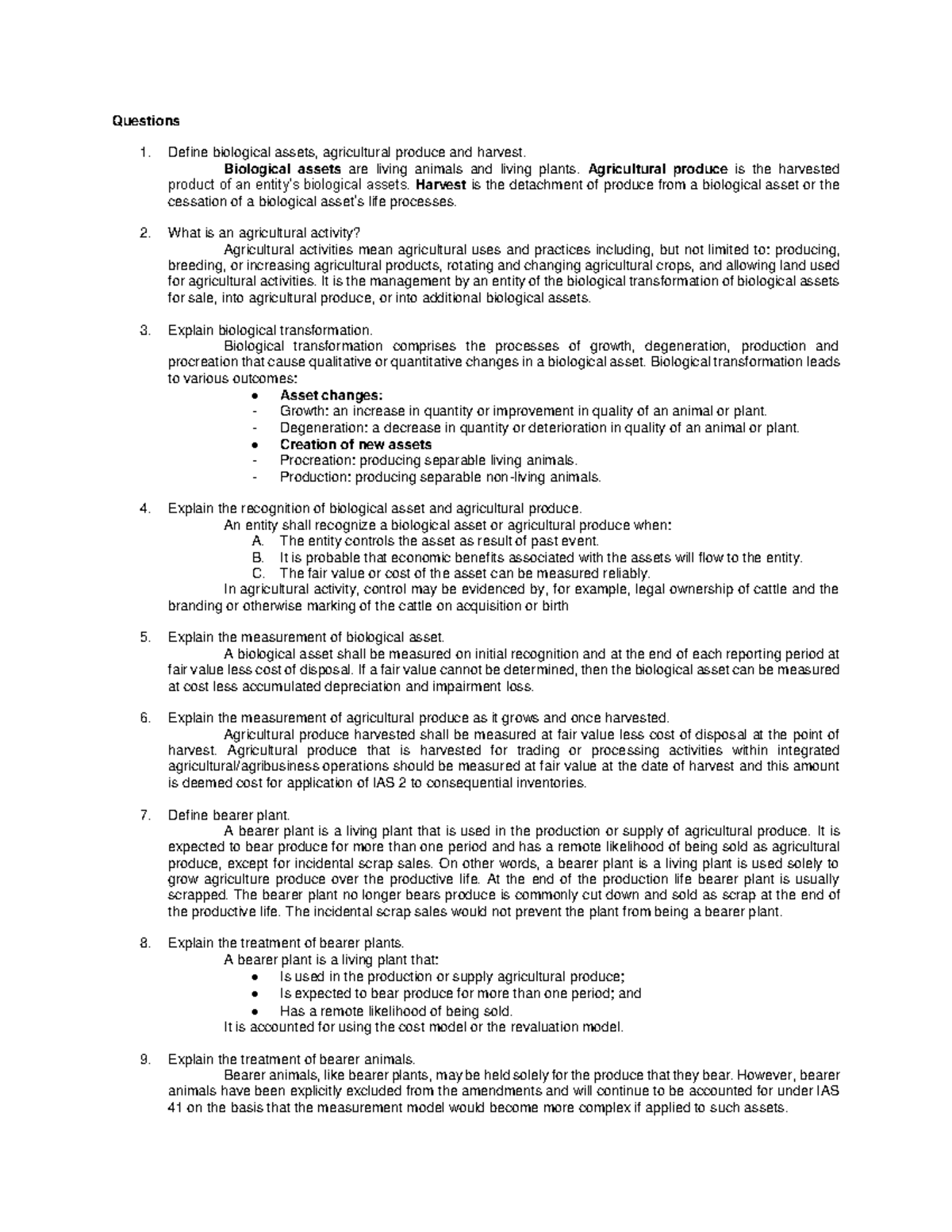 Biological Assets Questions and Answers Questions Define biological assets, agricultural