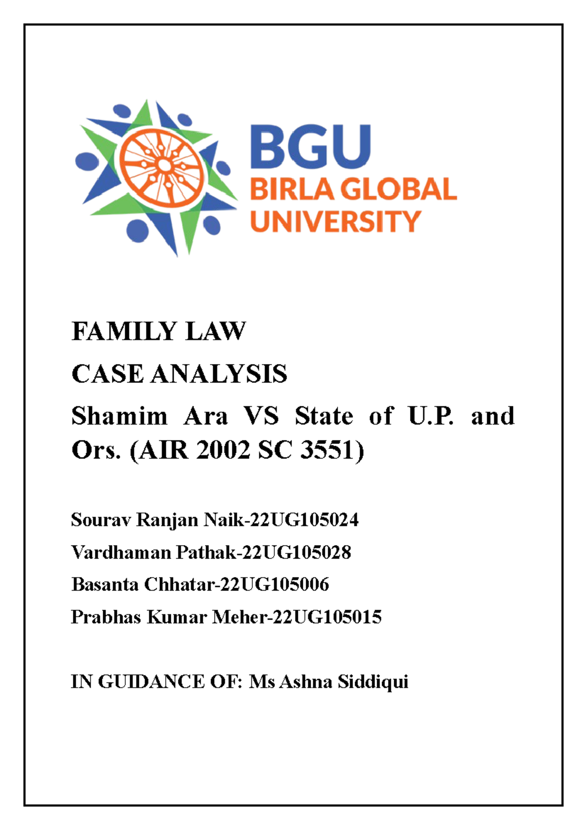 Family Law Case Analysis - FAMILY LAW CASE ANALYSIS Shamim Ara VS State ...