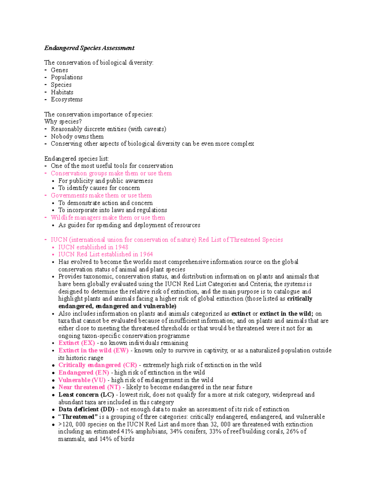 Quiz 2 notes and assign - Endangered Species Assessment The ...