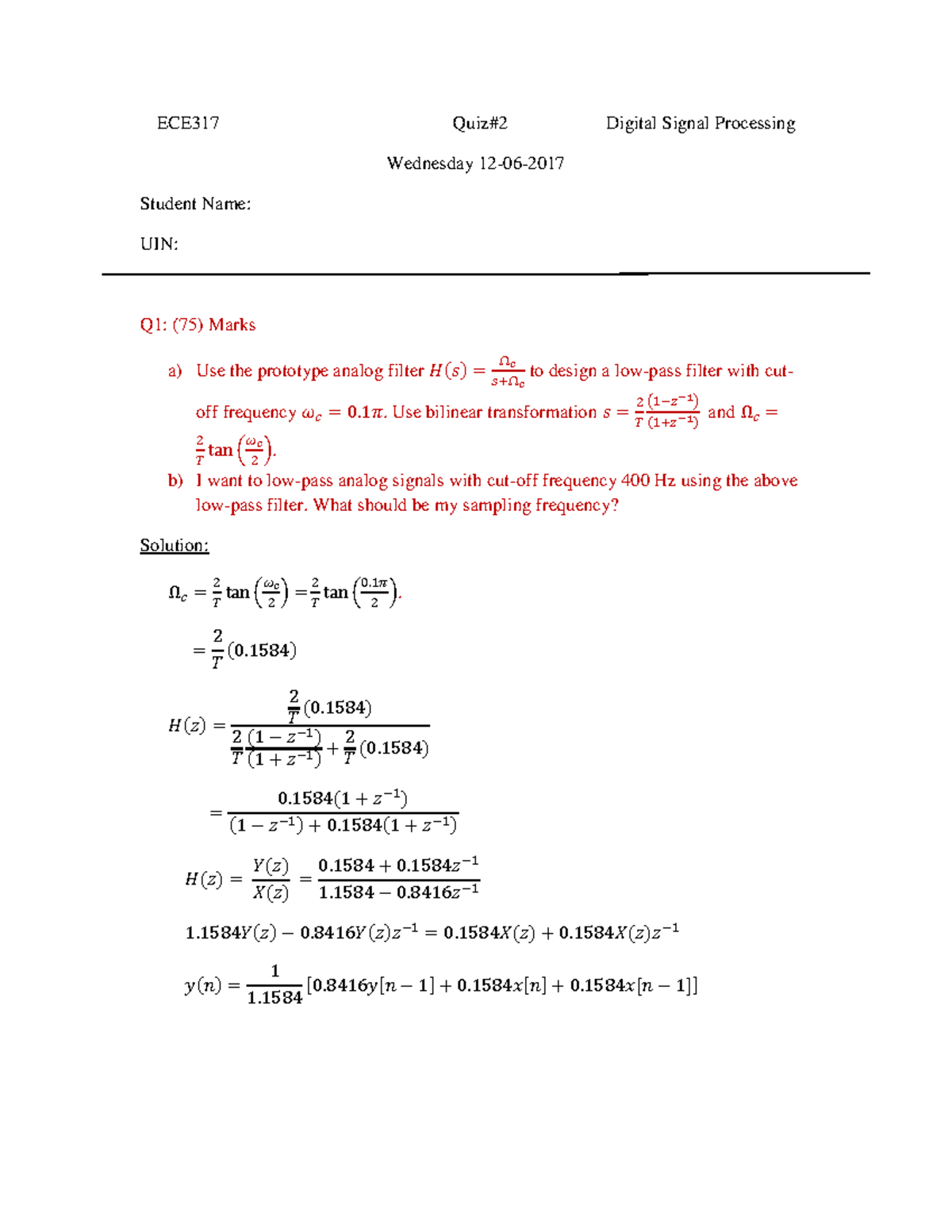ECE317 Digital Signal Processing Quiz2Solution ECE317 Quiz2