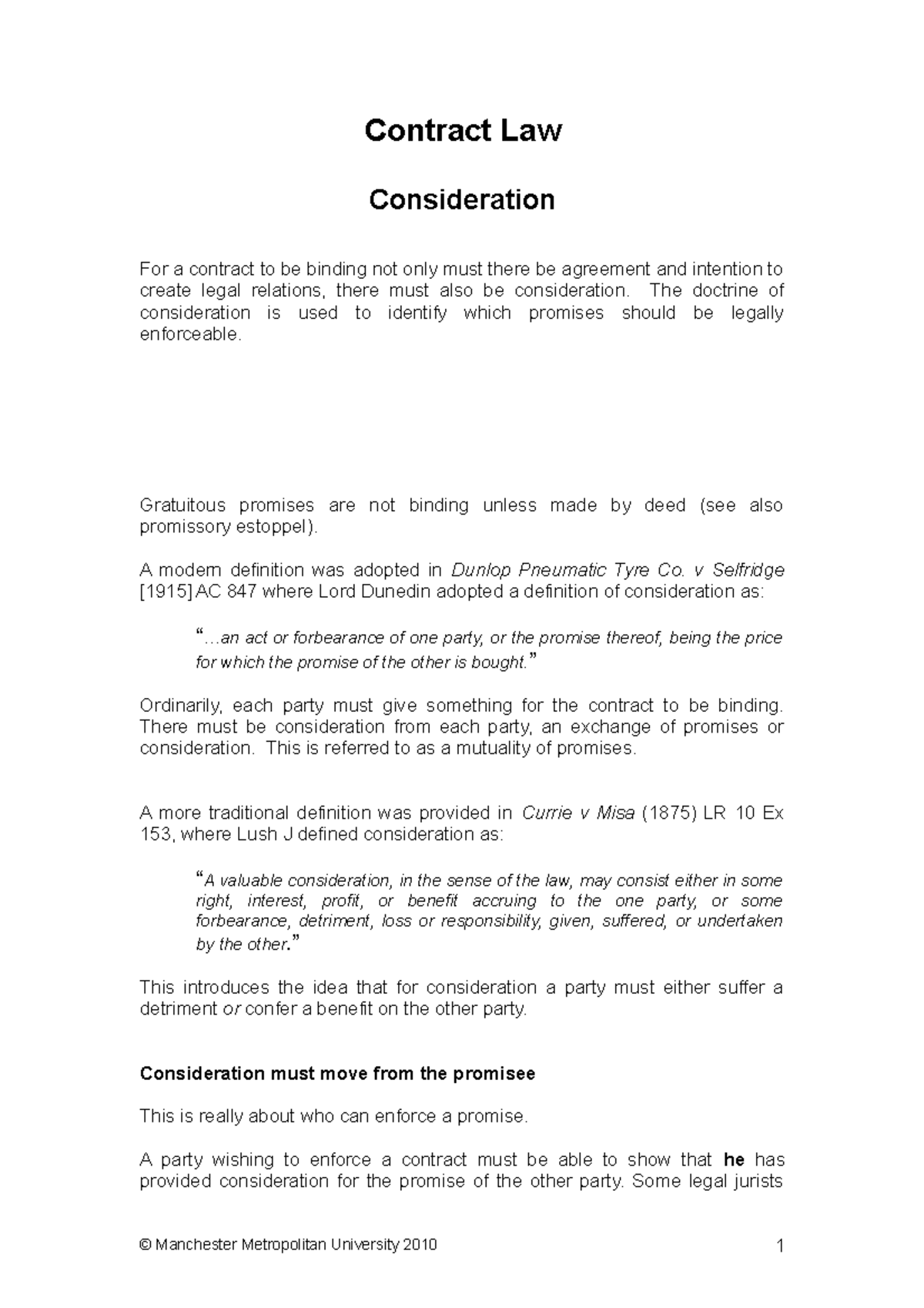 Consideration lecture handout - Contract Law Consideration For a ...