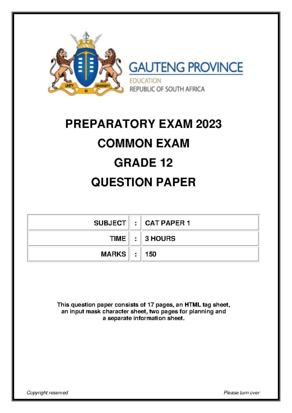 CAT Paper 1 Preliminary 2023 Gauteng PREPARATORY EXAM 202 3 COMMON