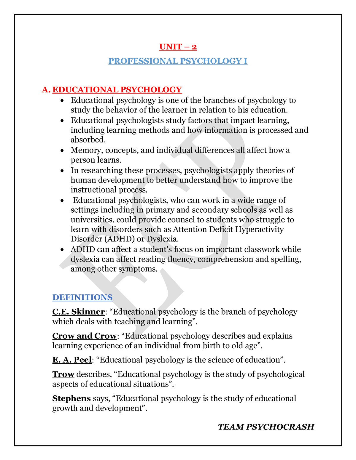 Applied Psychology Unit 2 - UNIT – 2 PROFESSIONAL PSYCHOLOGY I A ...