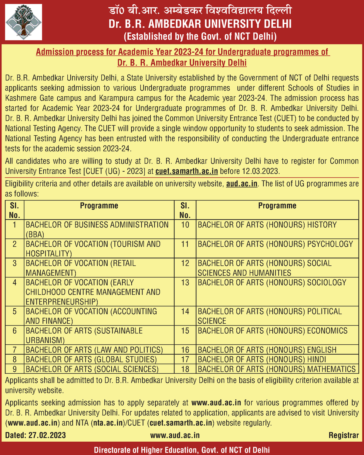 Advertisement-english - Admission Process For Academic Year 2023-24 For ...