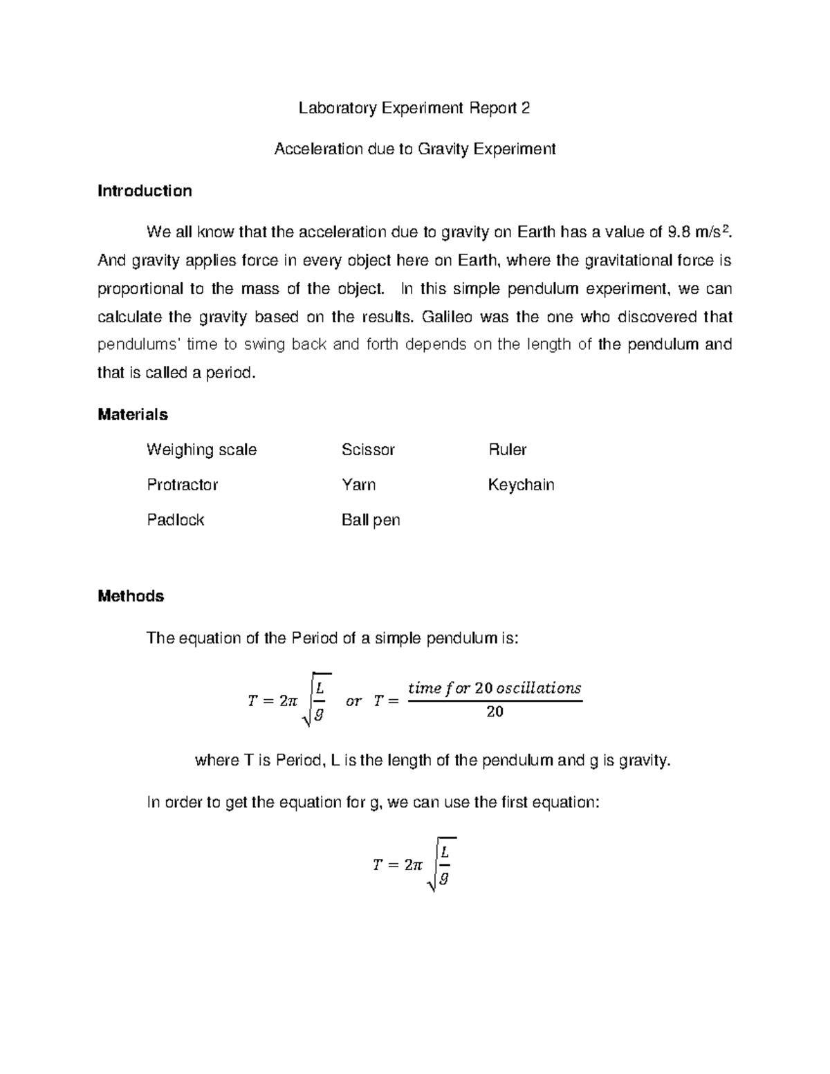 Phy3 In this simple pendulum experiment, we can calculate the gravity