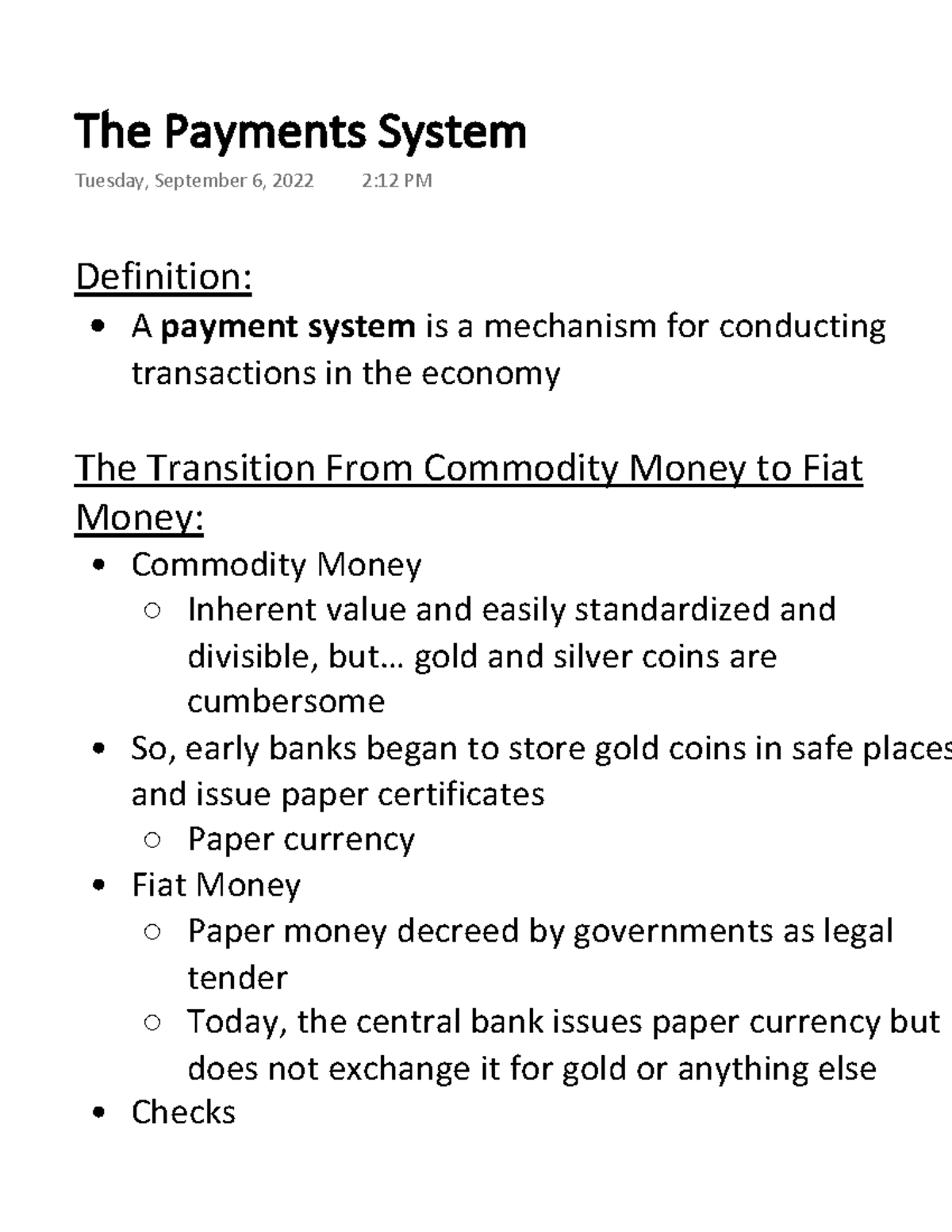 The Payments System notes Definition A payment system is a