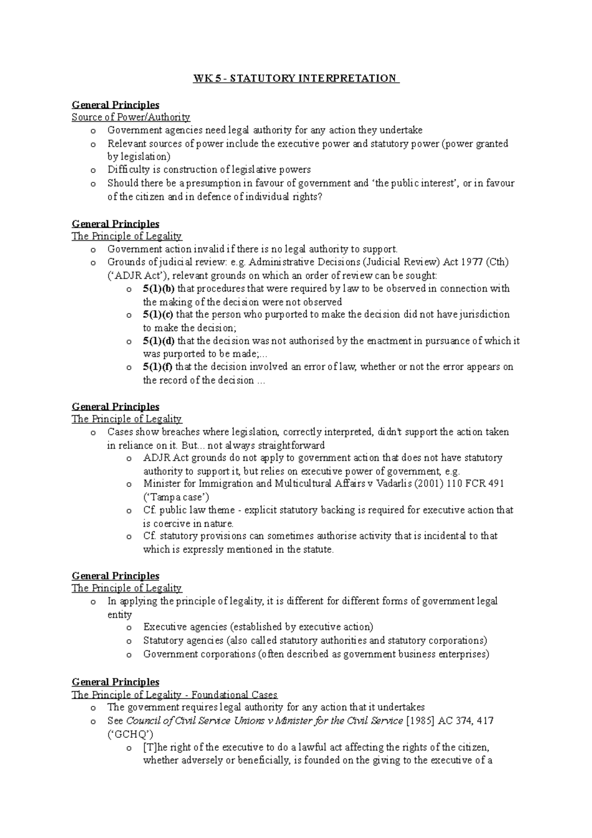 LAWS3300 WEEK 5 Notes - WK 5 - STATUTORY INTERPRETATION General ...