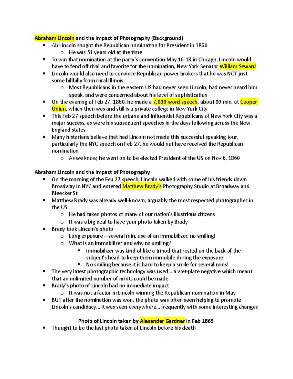 Abraham Lincoln and the Impact of Photography (Exam 2 Material