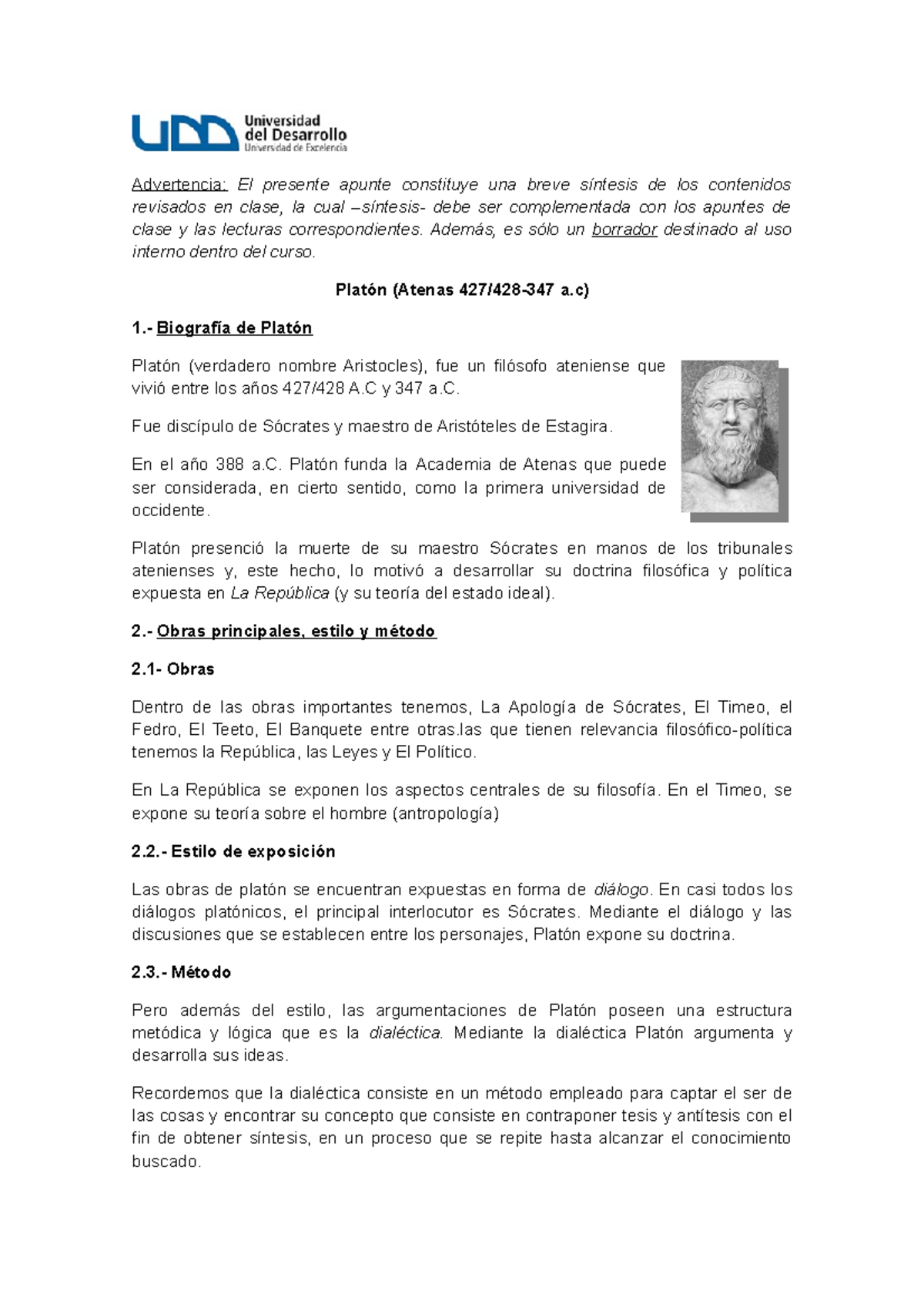 Platon Teoria I Advertencia El Presente Apunte Constituye Una Breve Sintesis De Los Contenidos Studocu