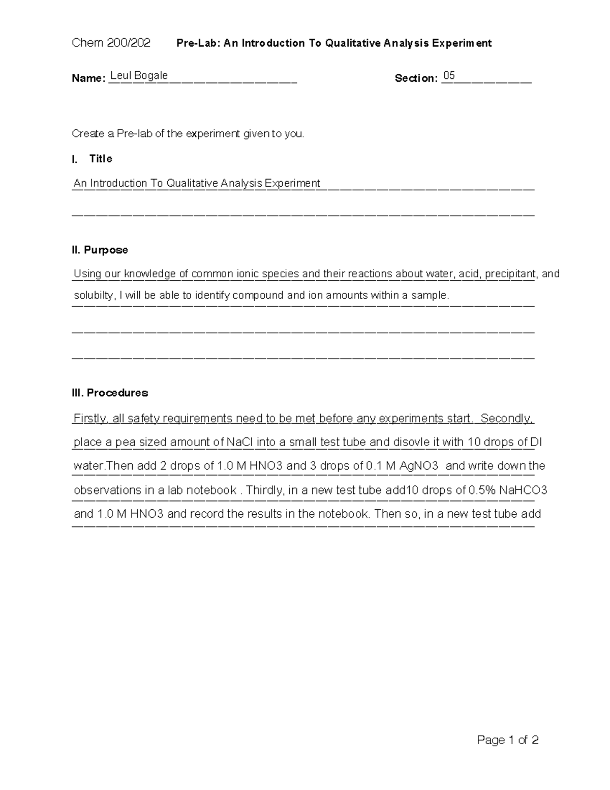 Pre-Lab: An Introduction To Qualitative Analysis Experiment - I. Title ...