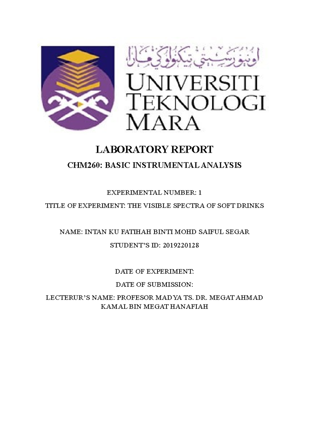 EXP 1 LAB CHM260 - THE VISIBLE SPECTRA OF SOFT DRINKS - LABORATORY ...