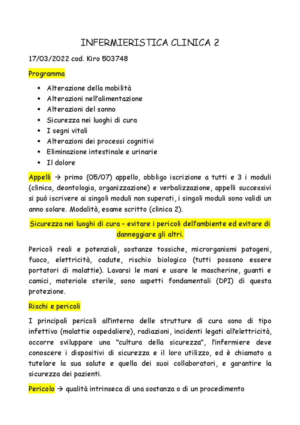 Infermieristica Clinica 2 - INFERMIERISTICA CLINICA 2 17/03/2022 Cod ...