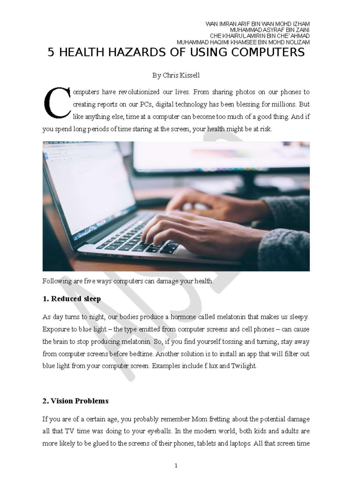 5 Health Hazards OF Using Computers - WAN IMRAN ARIF BIN WAN MOHD ...