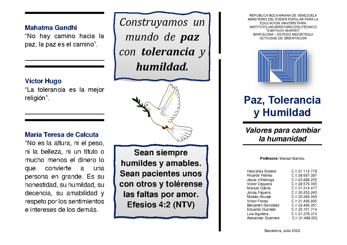 Triptico DE Valores - PAZ, Tolerancia Y Humildad - Mahatma Gandhi “No ...
